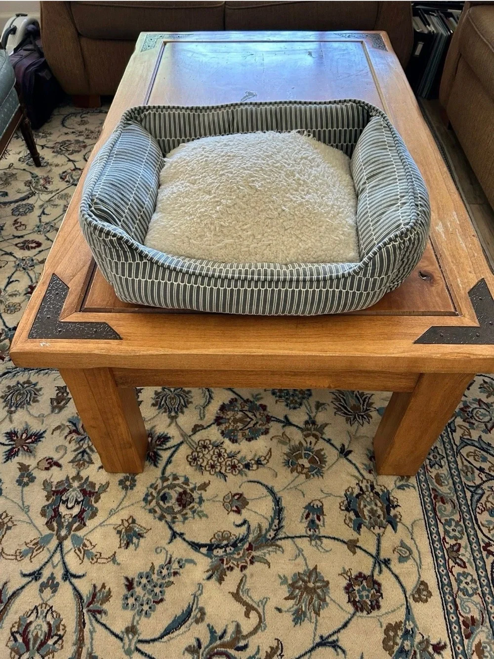 Cozy blue Stripe Square Pet Bed with Cream Sherpa Cushion